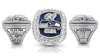 The ring’s design takes inspiration from the architecture of Lumen Field, the Seahawks’ home stadium in Seattle, and celebrates the team’s 50th season alongside its Super Bowl LX win. (Image courtesy of Jason of Beverly Hills) Seattle Seahawks Championship Ring by Jason of Beverly Hills