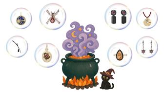 Graphic of cauldron and cat with jewelry in bubbles