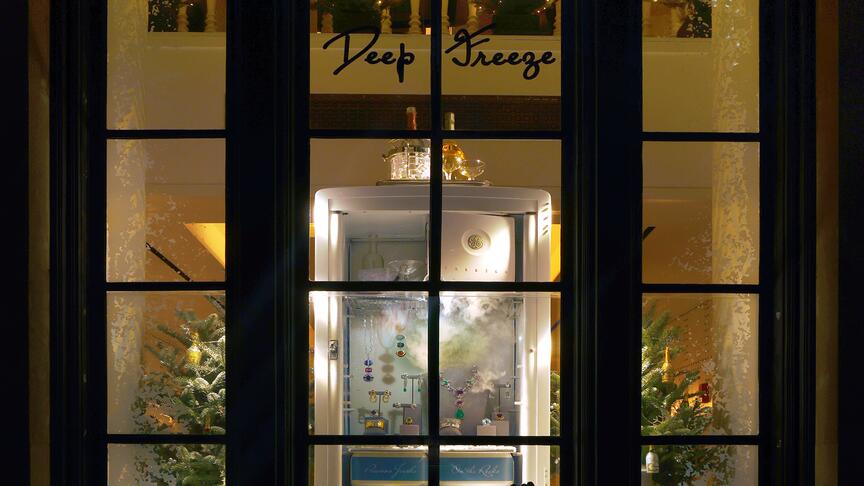David Webb’s “Deep Freeze” holiday window display can be seen at its Madison Avenue flagship in New York City. David Webb holiday window