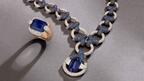 The “Eye of Tanzanite” necklace centers on a 15.30-carat marquise-cut cabochon tanzanite flanked by two trillion-cut diamonds with sapphire and diamond pavé, while the “Pin-Up” ring features a 19.39-carat rectangular-cut tanzanite accented by diamonds, both in 18-karat rose gold. All pieces are price upon request. Pomellato Eye of Tanzanite Necklace and Pin-Up Ring