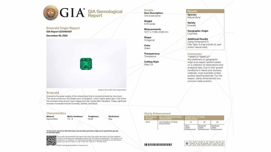 The Gemological Institute of America is updating its colored stone reports and expanding its origin-determination services. Pictured is a sample report for an emerald with the new design. GIA new colored stone report