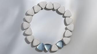The “Freccia” necklace featuring black jade, mother-of-pearl, rock crystal, and diamonds set in white gold. All pieces are price upon request. Vhernier Freccia High Jewelry Necklace