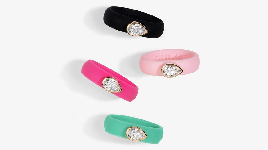 One of Stephanie Gottlieb’s new lab-grown diamond offerings is a line from the brand Casual Carats, featuring lab-grown diamonds set in 14-karat yellow gold on silicone rings. The pear-cut lab-grown diamonds are paired with black, pink, red, or green silicone bands ($975). Stephanie Gottlieb Casual Carats Lab-Grown Dimond and Silicone Rings