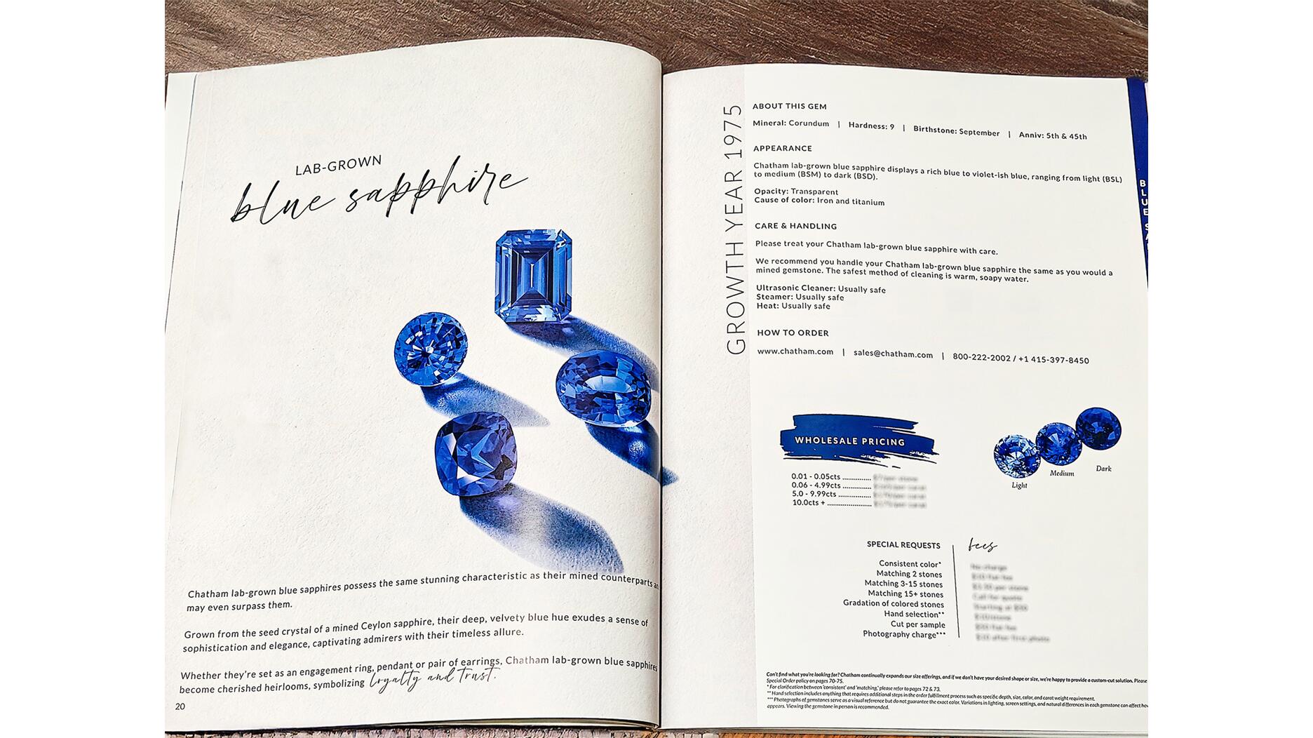 Sapphire page in Chatham’s “Ultimate Lab-Grown Catalog”