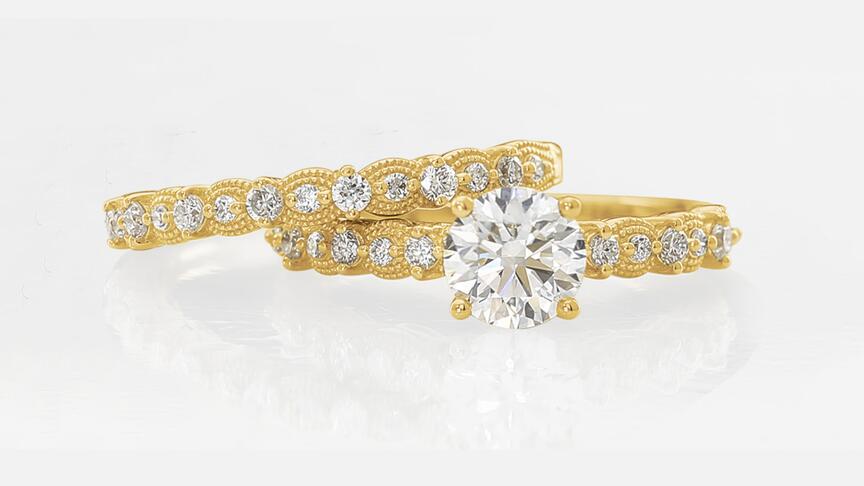 Rio Grande Millgrain Wedding band and Round Diamond Engagement Ring