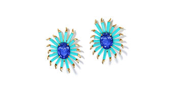 Tiffany & Co. “Schlumberger Sticks” earrings in 18-karat yellow gold with a pair of oval tanzanites and turquoise. Tiffany was among the most-Googled-for jewelry brands this year. (Image courtesy of Tiffany & Co.) 20201210_Tiffany_earrings.jpg
