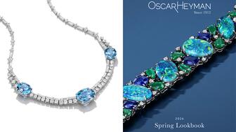 Pictured at left is one of the pieces featured in Oscar Heyman’s spring catalog, an aquamarine and diamond necklace ($240,000), and at right is the cover jewel, a platinum bracelet set with 20 pear-shaped emeralds, 10 sapphires, 10 oval-cut opals, and 44 diamonds ($300,000). Oscar Heyman Spring Catalog Aquamarine and Diamond Necklace and Platinum Opal, Sapphire, Emerald, Diamond Bracelet
