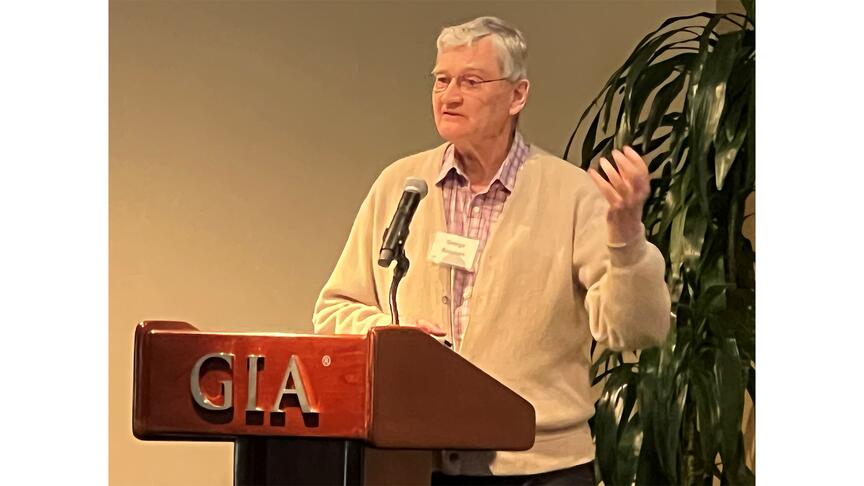 Dr. George Rossman is seen here in April 2023 speaking on “The Causes of Color of the San Diego County Gem Minerals” during the Sinkankas Symposium at GIA’s Carlsbad, California, campus. Dr. George Rossman