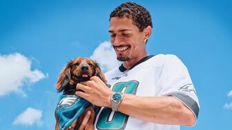 An image from Breitling’s new campaign for its NFL watches; pictured is the Philadelphia Eagles version of the Breitling Chronomat Automatic GMT 40 NFL Team Editions watch. Breitling, which started making and selling officially licensed NFL watches last year, is now the league’s official timepiece partner. (Photo courtesy of Breitling) Shot from Breitling new NFL campaign