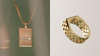 From left, the “Shadow” pendant necklace with baguette-cut diamonds in 18-karat yellow gold ($7,200) and the grande “Anerise Tour” signet ring in 18-karat yellow gold ($6,330) Katkim Men’s Collection Shadow Pendant Necklace and Anerise Signet Band