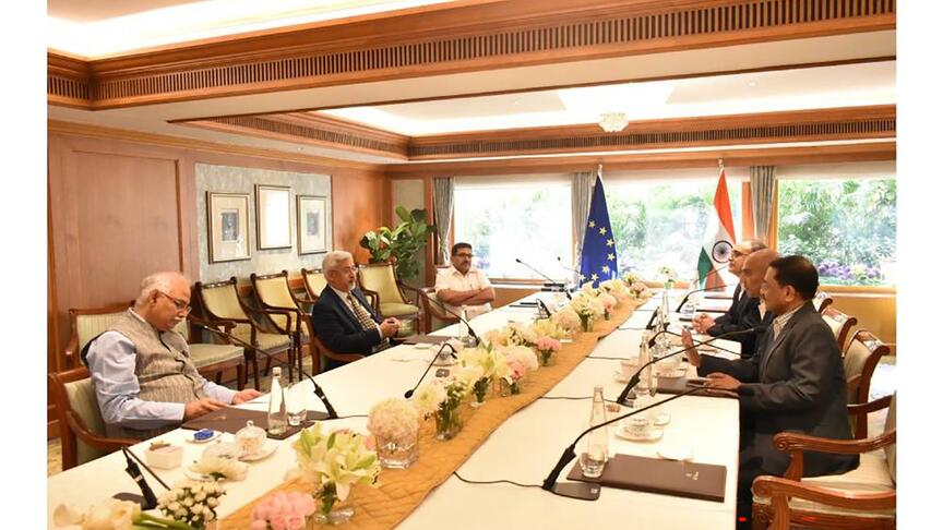Delegates from India's Gem and Jewellery Export Promotion Council, seated at right, met with representatives from the Indian government to discuss the impact tariffs are having, and will have, on the gem and jewelry industry. GJEPC Vice Chairman Shaunak Parikh, seated in the center, led the delegation. Representatives of India’s Gem and Jewellery Export Promotion Council and Indian government leaders
