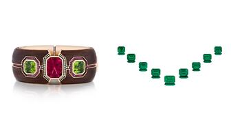 The 18-karat yellow gold, platinum, and cocobolo wood “Elements” bracelet set with a 14.16-carat pink tourmaline and featuring peridot, spinel, and demantoid garnet accents won Best of Show honors in the Spectrum division, while a suite of no-oil Colombian emeralds totaling 12.91 carats took Best of Show honors in the Cutting Edge division. AGTA Spectrum winners