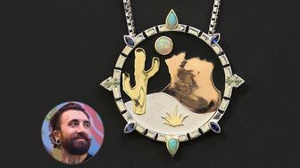 Silas Smith is the owner and designer of Meridian Metalworks in Los Angeles. His winning pendant uses Columbia Gem House’s Lighting Ridge opals from New South Wales, Australia, and green and blue Australian sapphires. Silas Smith and his Responsible Design Challenge Winning Pendant