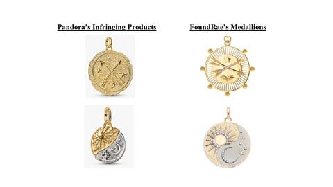Foundrae has filed a lawsuit against Pandora, alleging the company copied its medallion designs for the Pandora “Talisman” collection. Pictured is a side-by-side comparison of two medallions that Foundrae said Pandora “copied nearly verbatim,” as per court documents. Pandora and Foundrae medallion jewelry