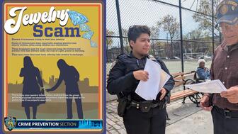 Jewelry scam flyer and police officer handing flyer to elderly man