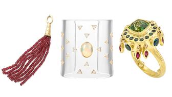 Itä Aguaviva Tassel Pendant, Ashaha Anzar Cuff, Cultus Artem Quetzal Ring