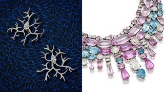 “A Legacy of Elegance: Jewels from an Exceptional Collection” comes from a collector of refined and daring taste who “consciously resisted the common herd,” the auction house said. The offering features jewelry designed by Joel Arthur Rosenthal (left) and Suzanne Belperron (right), as well as Cartier, Boivin, and Boucheron. Sothebys JAR and Suzanne Belperron jewels