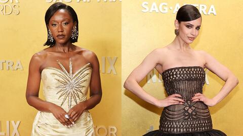 On the red carpet, actors like “The Diplomat” star Nana Mensah (left) and Sofia Carson of “My Oxford Year” reflected the theme of Old Hollywood Glamour with their statement earrings. (Image of Mensah’s earrings courtesy of Boucheron; Image of Carson’s earrings are courtesy of Chopard/Image Credit: Getty Images) Nena Mensah and Sofia Carson at 2026 Actor Awards