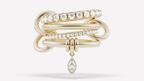 One of the new styles in Spinelli Kilcollin’s “Wren” collection is the “Inara” ring in 18-karat yellow gold featuring a marquise-cut diamond charm and two bands with pavé diamonds ($18,500). Spinelli Kilcollin Inara Ring