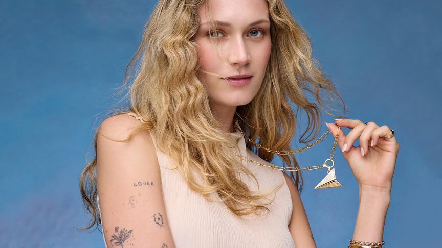 Sorellina Postscript Collection Campaign Imagery of Paper Plane Pendant