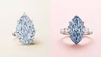 At left, the “Azure Blue,” a 31.62-carat fancy blue diamond, and at right, a 5.04-carat fancy vivid blue diamond. Both stones sold for more than $8 million at Christie’s jewelry auction held Tuesday in New York. Azure blue diamond and 5.04-carat fancy vivid blue diamond
