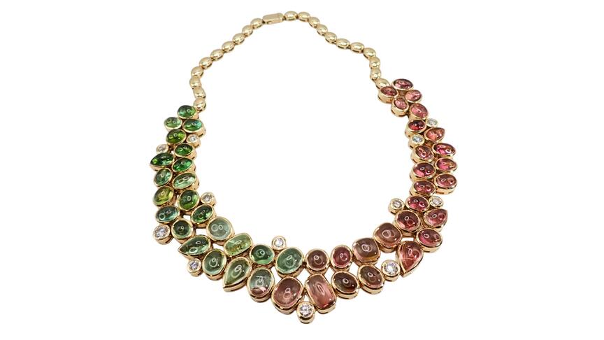 Designed by Trisha Kennedy-Thompson of Kennedy’s Jewelers, this necklace featuring more than 200 carats of pink, green, and bi-color cabochon tourmalines ($56,150) received a “Best in Show” designation for the retail category at the 2026 CASE Awards. Kennedy’s Jewelers tourmaline necklace