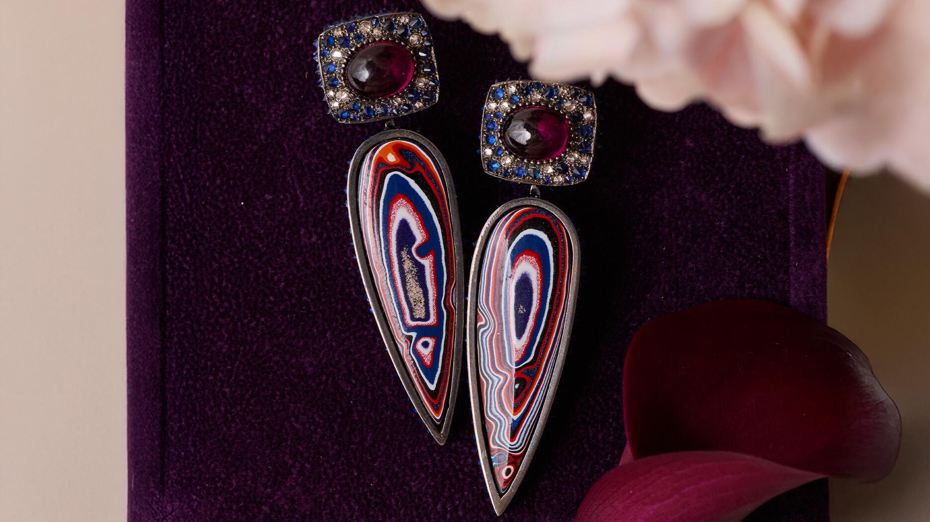 Arunashi Fordite and Rhodolite Earrings