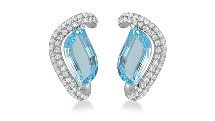 Isabel Delgado’s “Wave” earrings ($15,600) are one of 14 jewels in this Amanda’s Style File highlighting aquamarine. Isabel Delgado aquamarine earrings