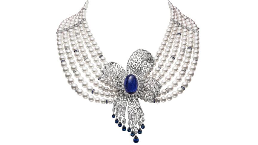 An 18-karat white gold multi-strand necklace from Mikimoto’s “The Bows” high jewelry collection featuring Akoya cultured pearls and tanzanite, with a removable brooch. Jewelry sales have remained strong, even as the luxury market faces a slowdown, according to a recent report by Bain & Company. Mikimoto The Bows high jewelry necklace