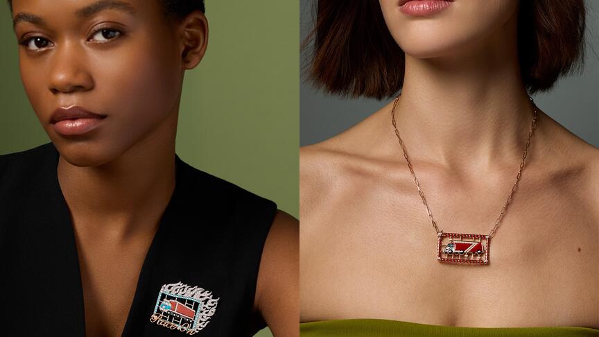 Designer Francesca Villa’s new “On the Road” collection features one-of-a-kind and limited-edition brooches and necklaces depicting trucks like the “Race On” brooch (left) and the “Long Road” necklace. Francesca Villa On the Road Collection Race On Brooch and Long Road Necklace