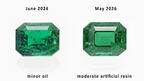 Pictured is the same emerald—at left, in 2024, and at right, in 2026—photographed after testing by SSEF. The lab said in the time between the photos, the stone “clearly” had been cleaned and refilled with artificial resin. (Photo courtesy of SSEF) SSEF emerald with filler