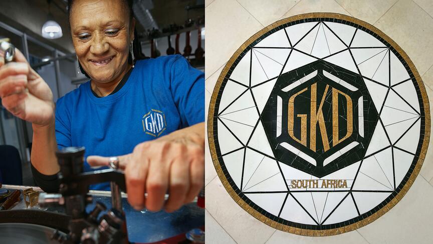 Woman working at bruting machine, seal at new Grandview Klein factory in South Africa