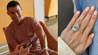 Soccer star Cristiano Ronaldo, seen at left, recently proposed to his partner of eight years, model Georgina Rodríguez, with an oval-cut diamond estimated to be between 22 and 35 carats. Pictured at right is a 20-carat diamond ring by Stephanie Gottlieb featuring a similar design, except this ring features a hidden halo ($3 million). Cristiano Ronaldo and Stephanie Gottlieb Ring
