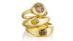 Rings set with brown- and yellow-hued diamonds by Ten Thousand Things. For the State of Diamonds story in the 2026 State of the Majors issue, contributor Avi Krawitz explored the repositioning of natural diamonds amid competition from lab-grown diamonds and consumers’ shrinking budgets. Three gold rings set with yellow- and brown-hued diamonds