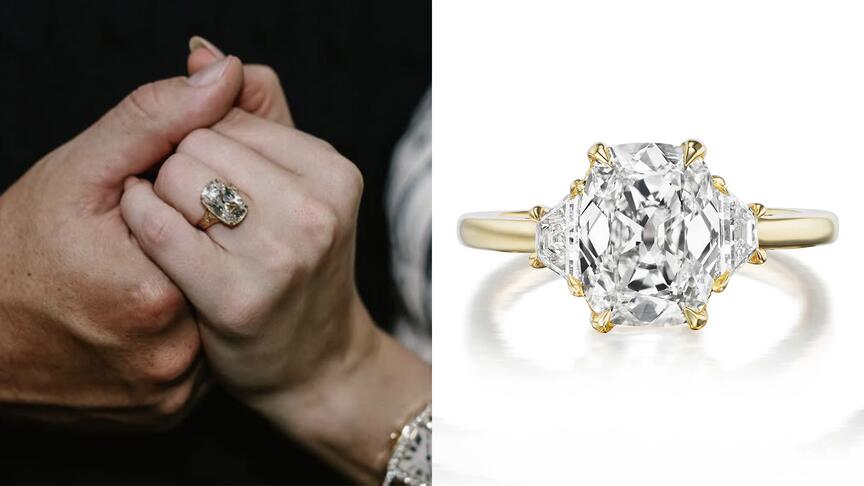 At left, a close-up of Taylor Swift’s engagement ring, and at right, “The Grand Engagement Ring” by G.St Ceremony featuring a natural old mine-cut diamond. Greenwich St. Jewelers said the ring sold while this story was in progress. Taylor Swift engagement ring Greenwich St