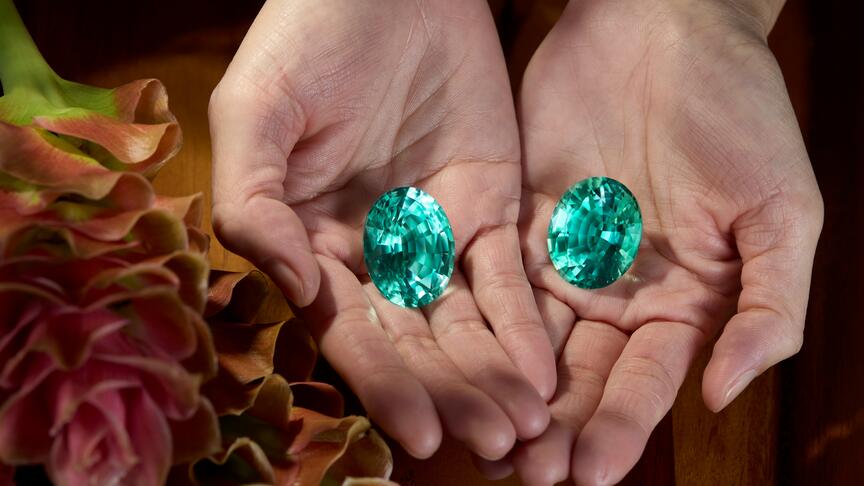 The “Kat Florence Luminas,” a matched pair of Paraíba tourmalines from Mozambique weighing more than 70 carats each, will be offered at Sotheby’s high jewelry auction in Hong Kong on Sept. 17. (Photo courtesy of Kat Florence Atelier) Kat Florence Paraibas