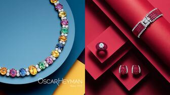Each piece featured in the 2025 Oscar Heyman holiday catalog was designed and crafted in the company’s Madison Avenue atelier. Pictured at left is the cover, and at right is a page from the catalog featuring a suite of invisible-set ruby jewelry. Oscar Heyman 2025 Holiday Catalog Cover