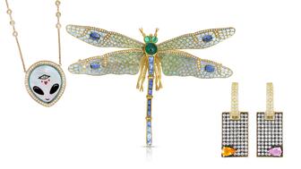 From left to right, Jacquie Aiche’s “Alien Heart Eye” inlay necklace ($11,585), Cicada’s dragonfly brooch ($30,000), and Harkness’ “After the Rain” earrings ($6,700). These pieces are examples of three of the trends Pinterest highlighted in its predictions report for 2026. Jacquie Aiche Alien Heart Eye Inlay Necklace, Cicada Dragonfly Brooch, Harkness After the Rain Earrings