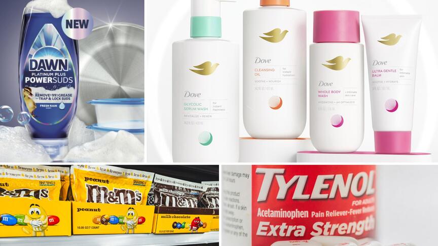 Dawn dish soap, Dove soap, M&M candy, Tylenol