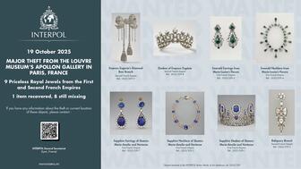 Interpol (the International Criminal Police Organization) added the eight jewels stolen from the Louvre Museum on Oct. 19 to its Stolen Works of Art database. Law enforcement authorities have arrested a total of seven individuals in connection with the heist, but the looted jewels are still missing. (Photo courtesy of Interpol.int) Interpol Stolen Works of Art Database, The Louvre Museum Graphic
