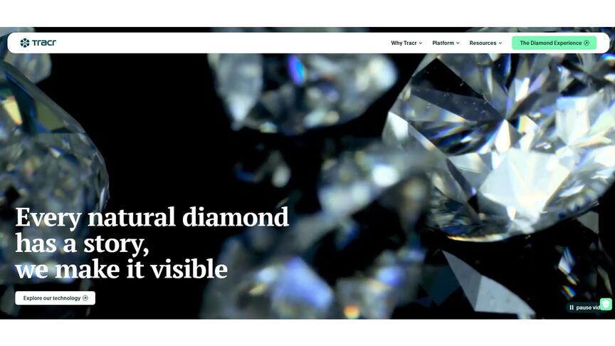 The homepage of the website for Tracr, the blockchain platform for diamonds that De Beers began developing in 2018. GIA now holds a 30 percent stake in Tracr. Screenshot of the Tracr website homepage