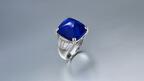 A platinum ring featuring a 16.58-carat Kashmir cabochon sapphire with tapered baguette-cut diamonds sold for $1 million at Christie’s online jewelry sale. Its pre-sale estimate was $800,000 to $1.2 million. Christies Kashmir sapphire ring