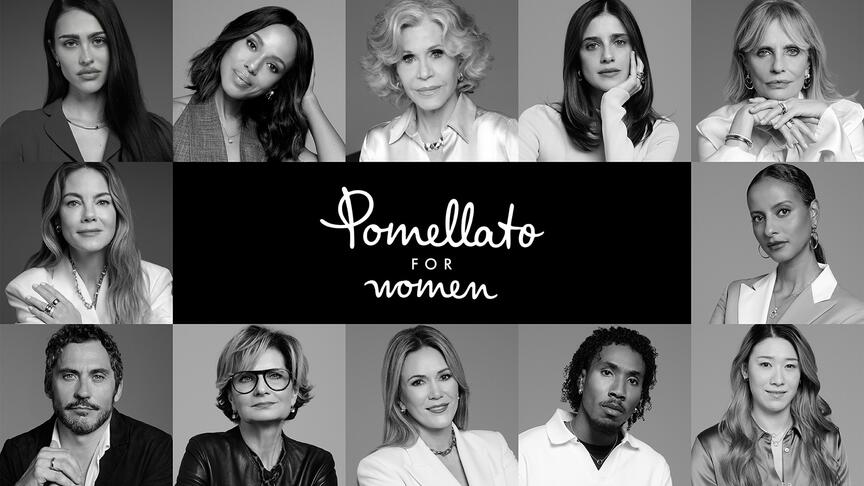 Pomellato’s ninth annual International Women’s Day video stars (clockwise from top left) Amelia Gray, Kerry Washington, Jane Fonda, Benedetta Porcaroli, Isabella Ferrari, Sara Nuru, Mayu Ishikawa, Andy Díaz, Angélique Gérard, Pomellato CEO Sabina Belli, Paco León, and Michelle Monaghan. Pomellato’s International Women’s Day “The Price of Freedom” Campaign