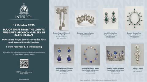 Interpol (the International Criminal Police Organization) added the eight jewels stolen from the Louvre Museum on Oct. 19 to its Stolen Works of Art database. Law enforcement authorities have arrested a total of seven individuals in connection with the heist, but the looted jewels are still missing. (Photo courtesy of Interpol.int) Interpol Stolen Works of Art Database, The Louvre Museum Graphic
