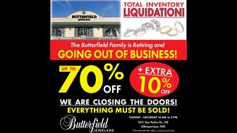 Butterfield Jewelers in Albuquerque, New Mexico is set to close after nearly 100 years in business. (Image courtesy of Butterfield Jewelers’ Facebook page) Butterfield Jewelers going out of business sale ad