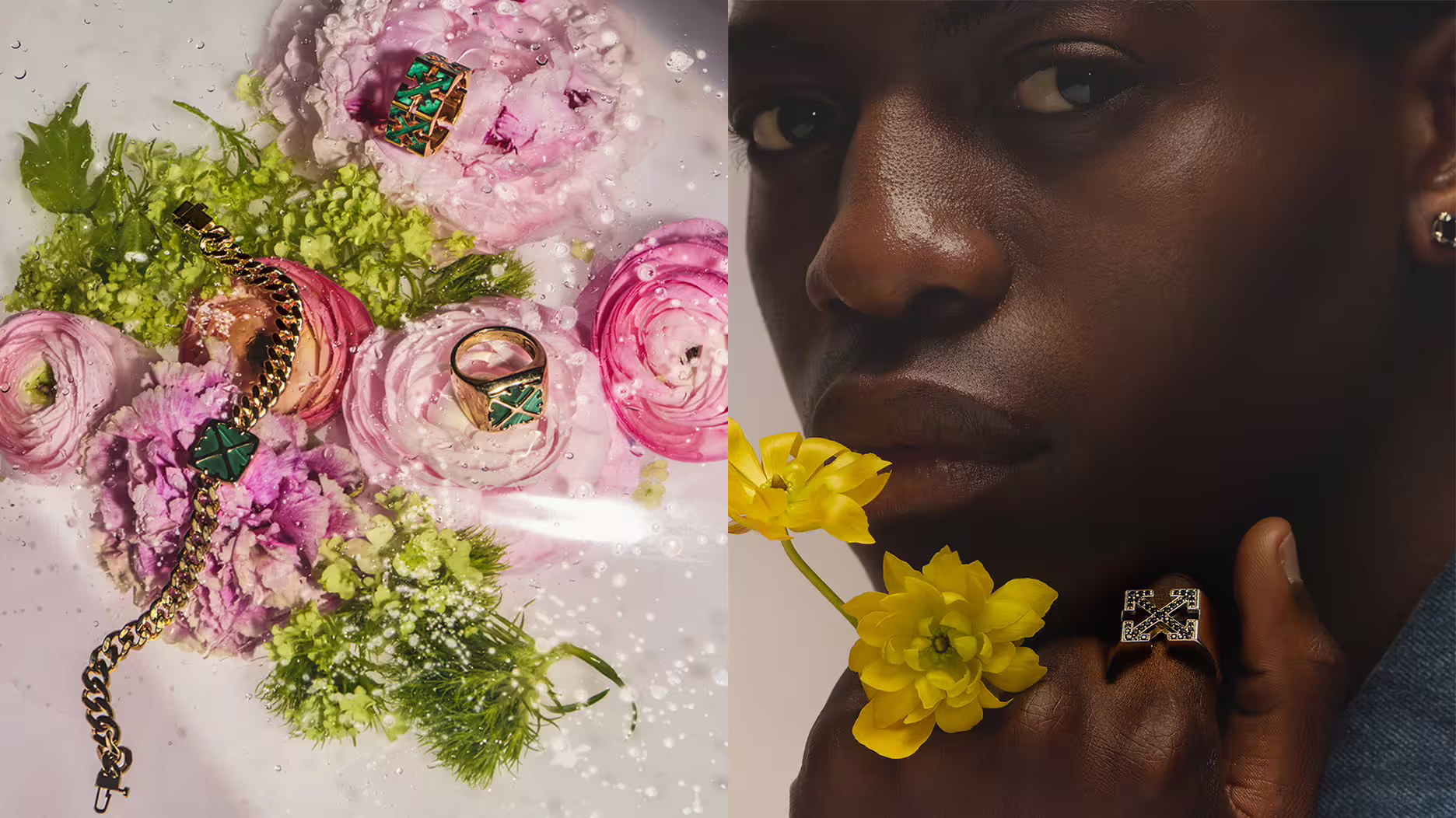 The “Fine Jewelry by Off-White” collection uses sterling silver, 18-karat yellow gold vermeil, and white and black lab-grown diamonds as well as malachite, lapis, onyx, and tiger’s eye. Off-White Jewelry Collection Imagery