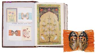 From the “Kashmir” collection, a Silvia Furmanovich carnelian bracelet with butterfly wings in marquetry, a 0.18-carat fire opal, and 0.14 carats of diamonds in 18-karat yellow gold ($19,580) Silvia Furmanovich Kasmir Collection Carnelian Bracelet and Sketch