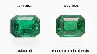 Pictured is the same emerald—at left, in 2024, and at right, in 2026—photographed after testing by SSEF. The lab said in the time between the photos, the stone “clearly” had been cleaned and refilled with artificial resin. (Photo courtesy of SSEF) SSEF emerald with filler
