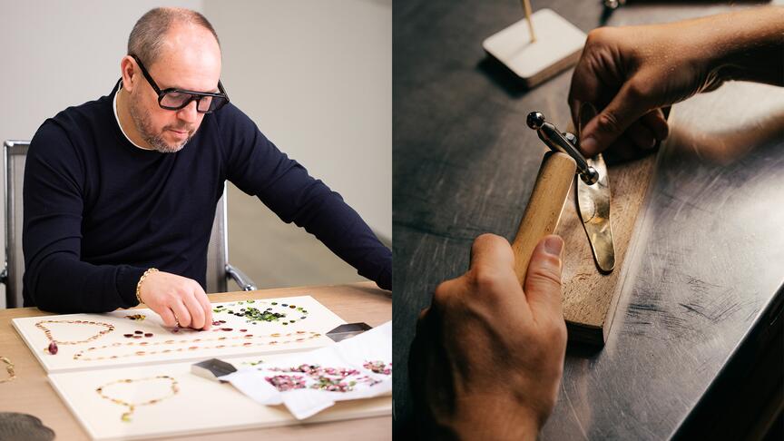 The campaign gives an inside look at three defining techniques for the brand. Founder Marco Bicego is seen left selecting colored gemstones and an artisan is seen right using a bulino tool to engrave a piece with texture. Marco Bicego Art of Craft Campaign Imagery