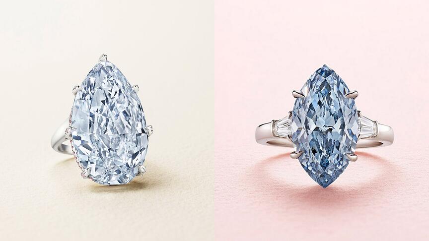 At left, the “Azure Blue,” a 31.62-carat fancy blue diamond, and at right, a 5.04-carat fancy vivid blue diamond. Both stones sold for more than $8 million at Christie’s jewelry auction held Tuesday in New York. Azure blue diamond and 5.04-carat fancy vivid blue diamond